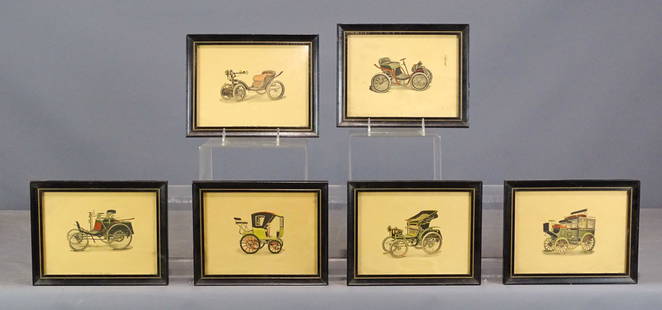 Vintage Automobile Prints: Series of (6) vintage automobile prints. Overall in frames 7" x 9".