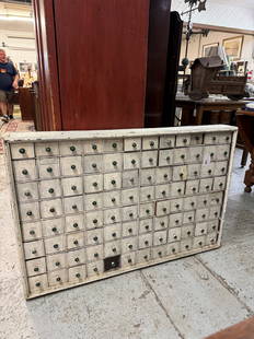 Apothecary Cabinet: Early apothecary cabinet in white paint. 43 1/2" x 5 1/2" x 28 1/2" Ht..