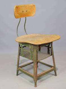 Industrial Stool: Hallowell industrial stool with storage bin. Signed under seat.