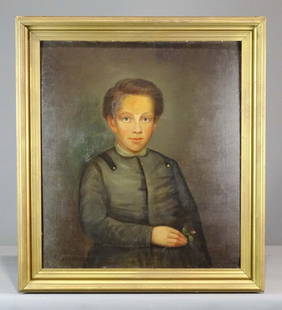 Painting: 19th c. Portrait of a Boy: Painting: 19th c. portrait of a boy. Oil on panel. 29 1/2" x 26", overall 35" x 31". Info verso reads "Believed to be Franklin M. Troughton (1852-66), one of the four children of John Montgomery Troug