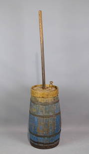 19th c. Butter Churn: 19th c. butter churn with stick. Original blue paint. 51" overall Ht..