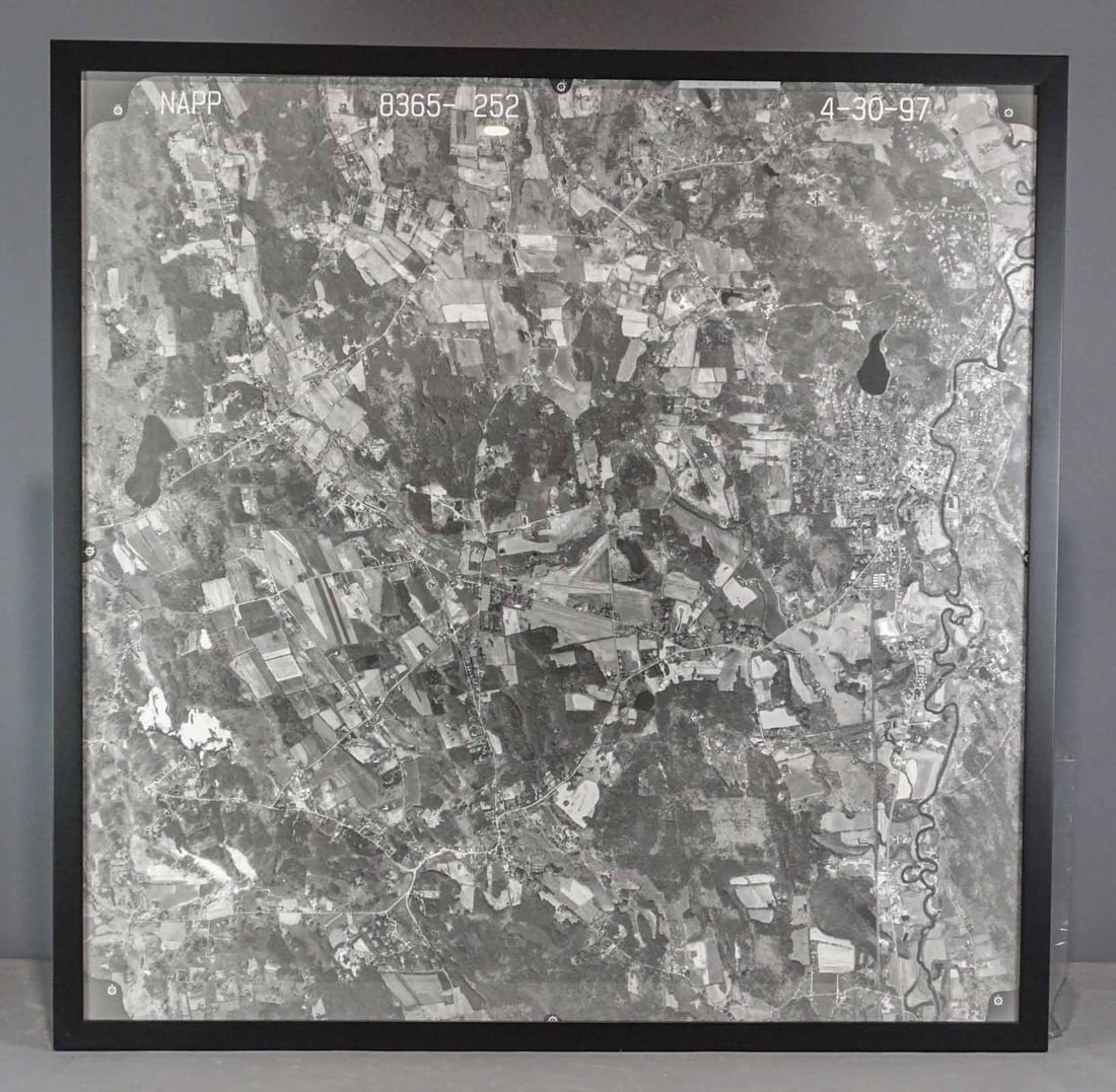 Aerial Photograph of Great Barrington: Aerial Photograph of Great Barrington Mass. By the USDA-FSA. 37 1/2" x 37 1/2" (sight), overall 41" x 41".