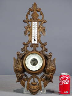 Black Forest Baramoter: Early French carved wooden Black Forest barometer. 23" L..