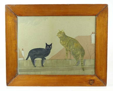 Folk Art Cat Painting: Early folk art framed cat painting. Overall in frame 12" x 15".