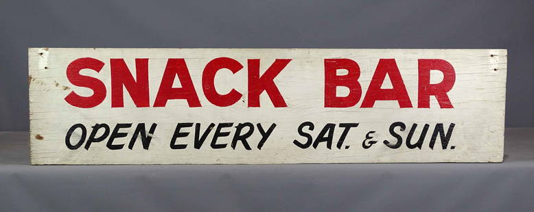 Trade Sign: Painted wooden two sided trade sign "SNACK BAR OPEN EVERY SAT. SUN.". 12" x 48".