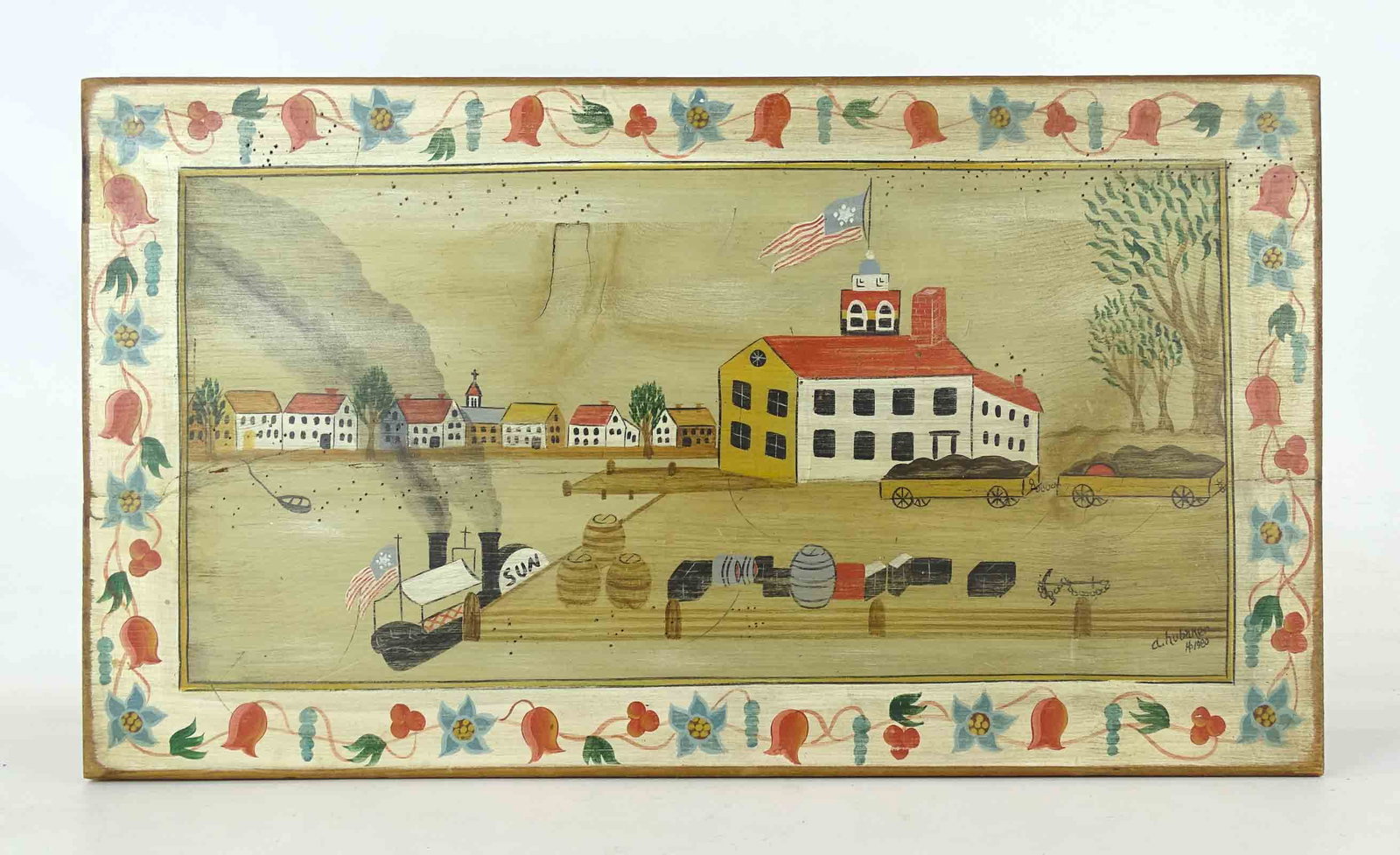 Folk Art Painting on Wood Panel: Folk art painting on wood panel. Signed "A. Hubaker 1980". Marked verso Habersham Plantation. 14" x 25".