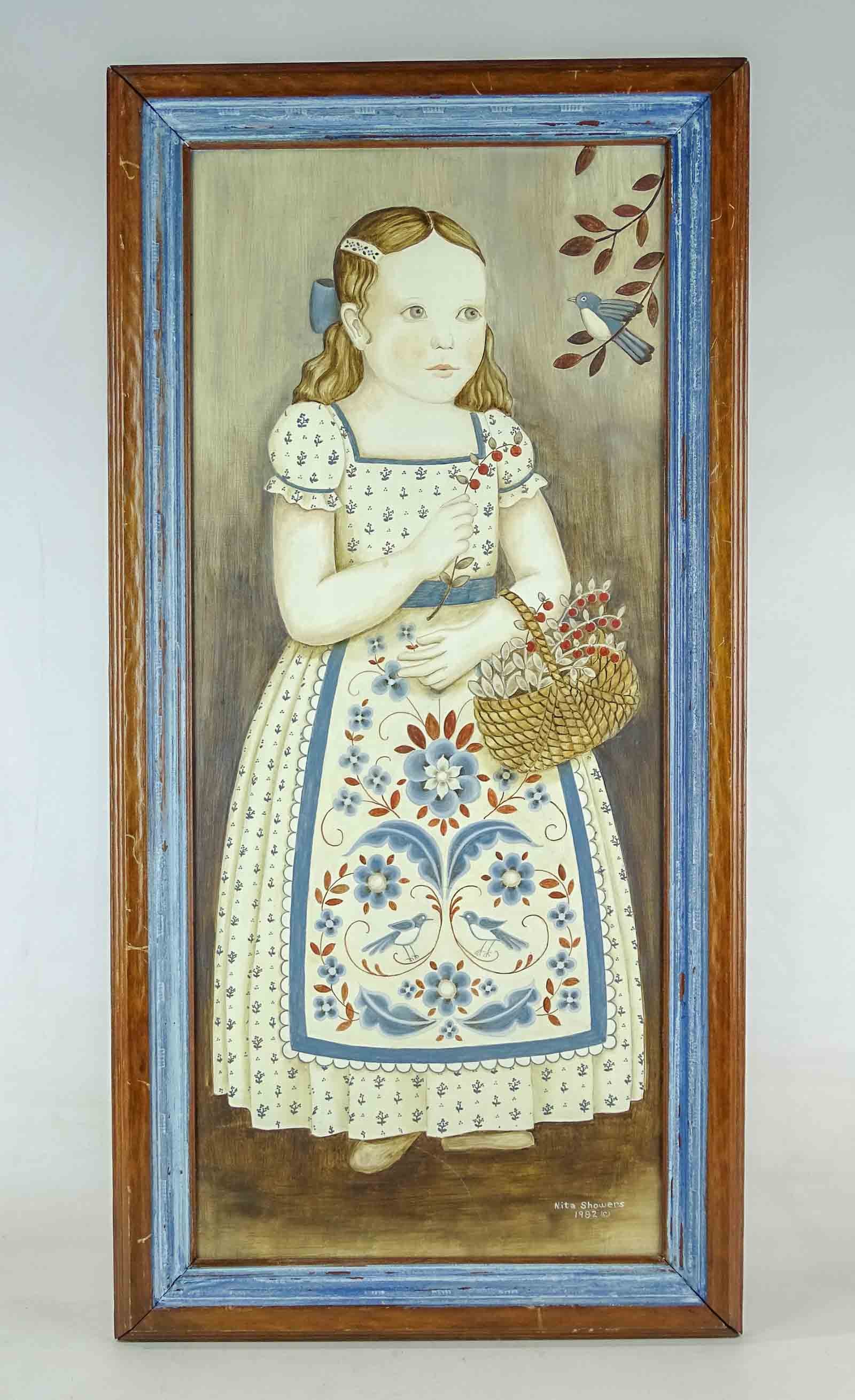 Folk Art Painting of Little Girl: Folk art painting, full length of little girl. Signed and dated "Nita Showers 1982". 32" x 16".