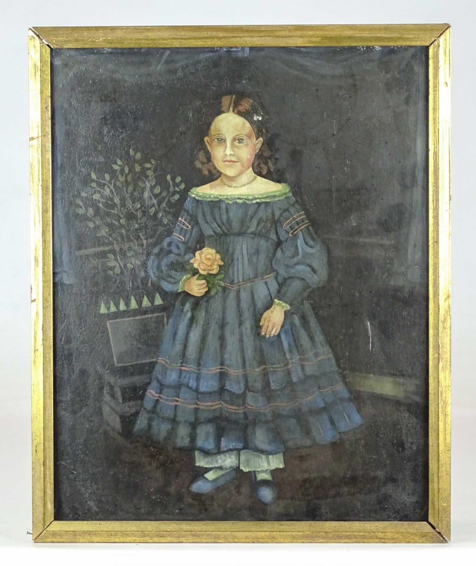 Painting: Portrait of a Little Girl: Painting: Portrait of a little girl with flowers. Oil on panel. 18" x 14 1/2", overall 19 1/2" x 15 1/2".