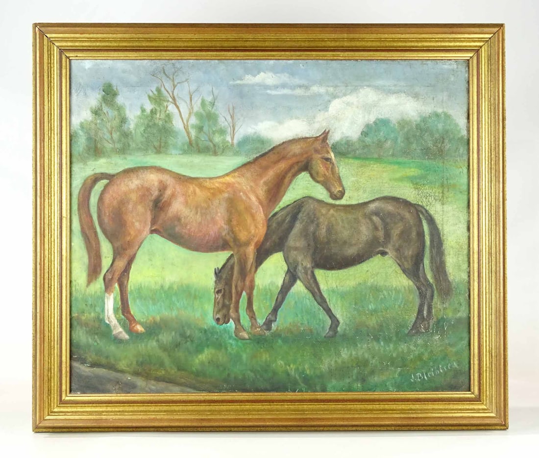 J. Bleibtreu (20th Century): Painting: J. Bleibtreu (20th Century), horses in landscape, oil on canvas. Signed and dated 1951. 20" x 24", overall 25" x 28".