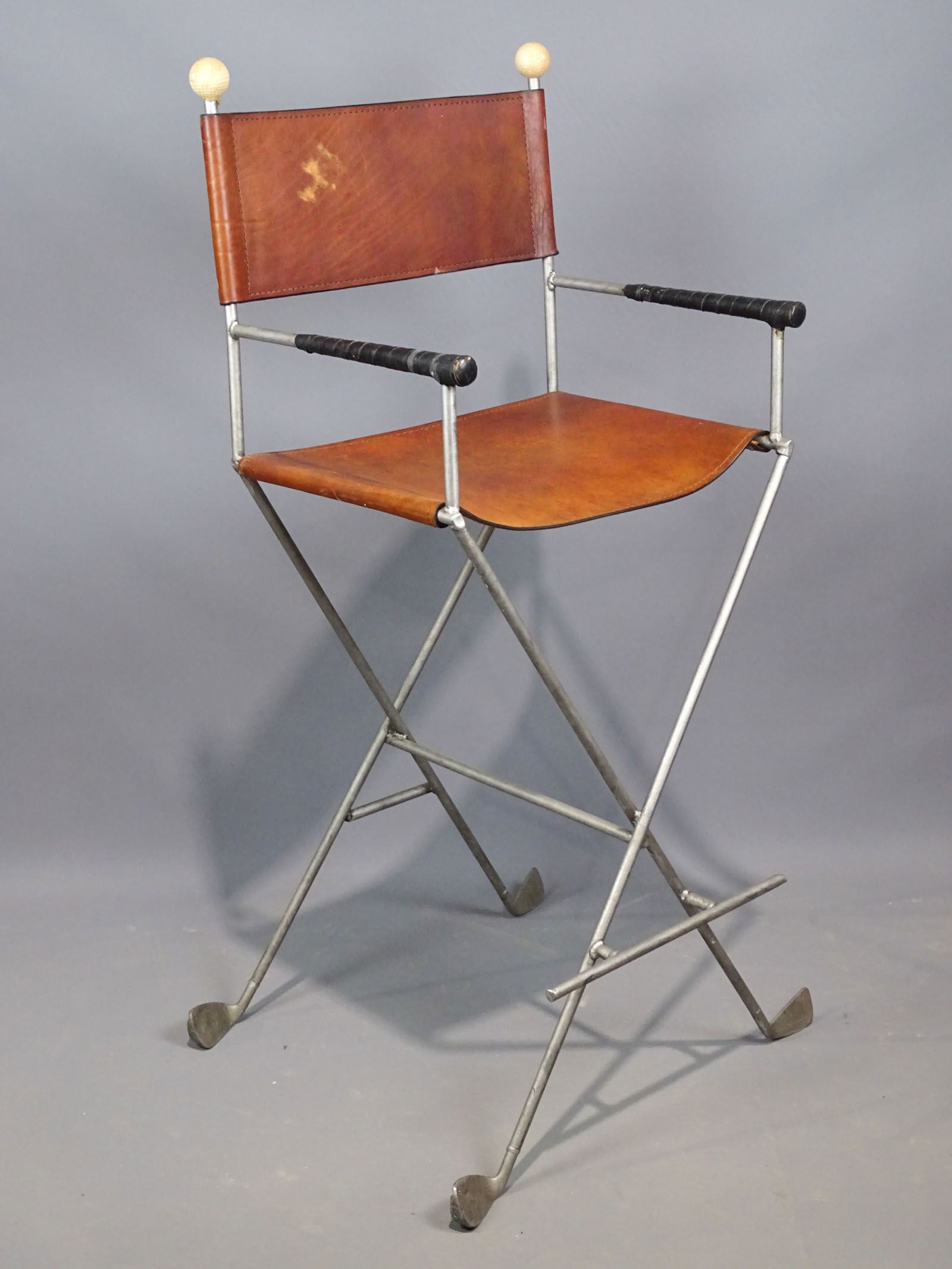 Golf Motif Stool: Golf motif tall stool. 30" seat Ht., 48" overall Ht..