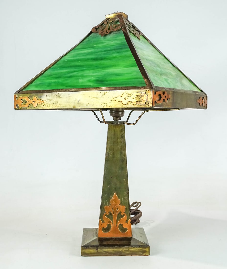 Arts & Crafts Period Lamp: Arts & Crafts period table lamp. Brass and copper base and shade with slag glass. As found. 21 1/2" Ht..
