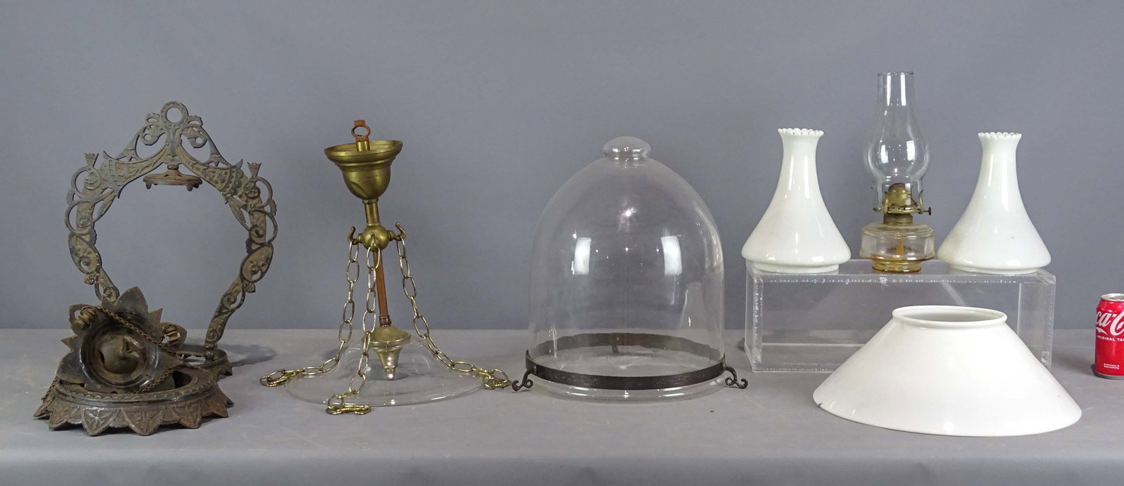 Lighting Lot: Lighting lot including glass hall shade 15" Ht.), iron and glass hanging shade.