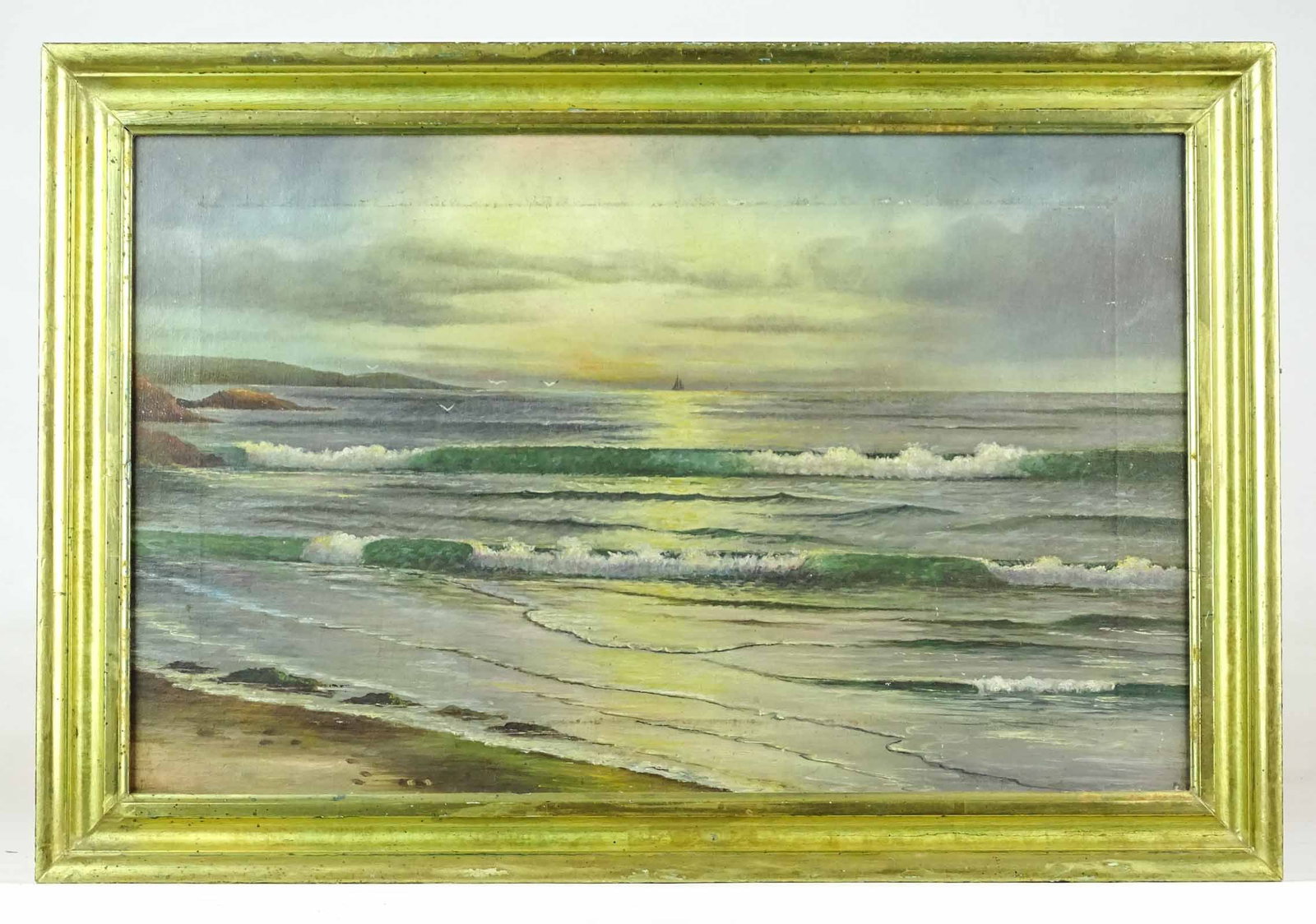 Painting: Manner of Alfred Bricher: Painting: Seascape, manner of Alfred Bricher. Oil on canvas. 12" x 19", overall 14 1/2" x 21 1/2".