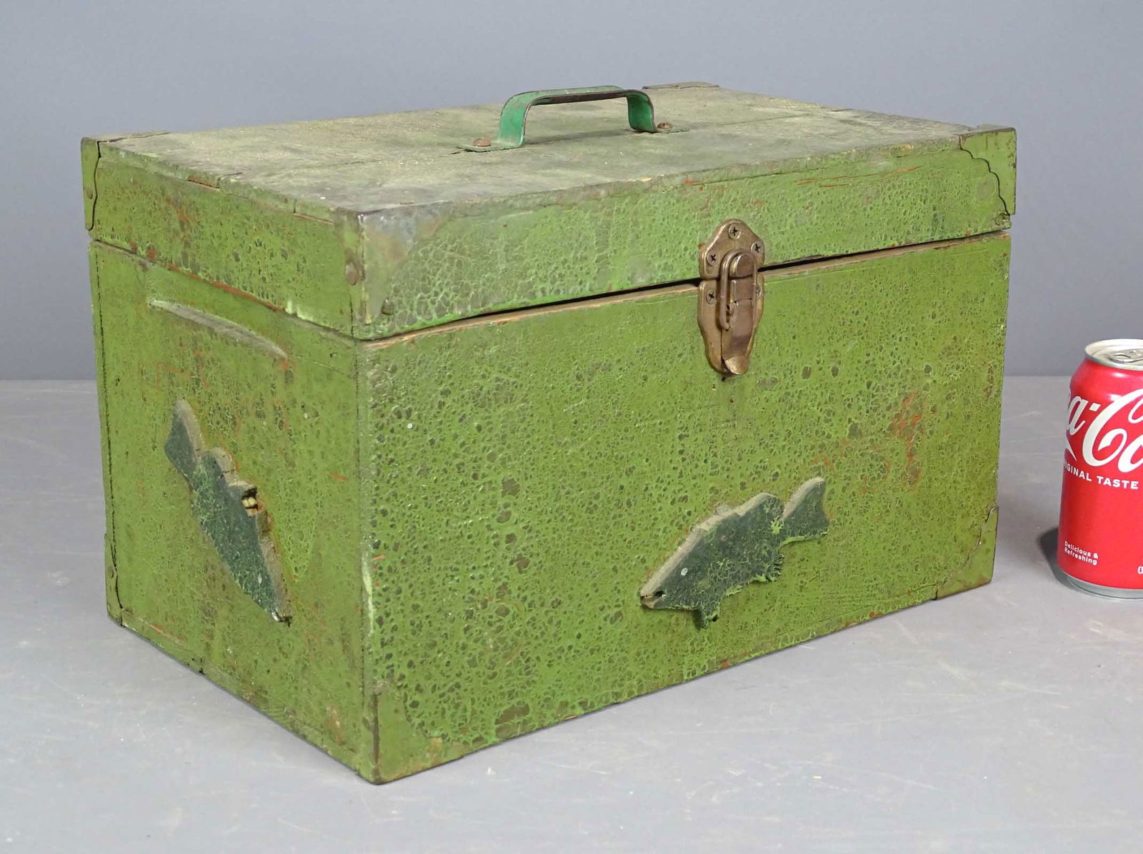 Folk Art Fishing Tackle Box: Early painted folk art fishing tackle box in old green paint with applied carved fish. 15" x 9 1/2" x 9 1/2" Ht..