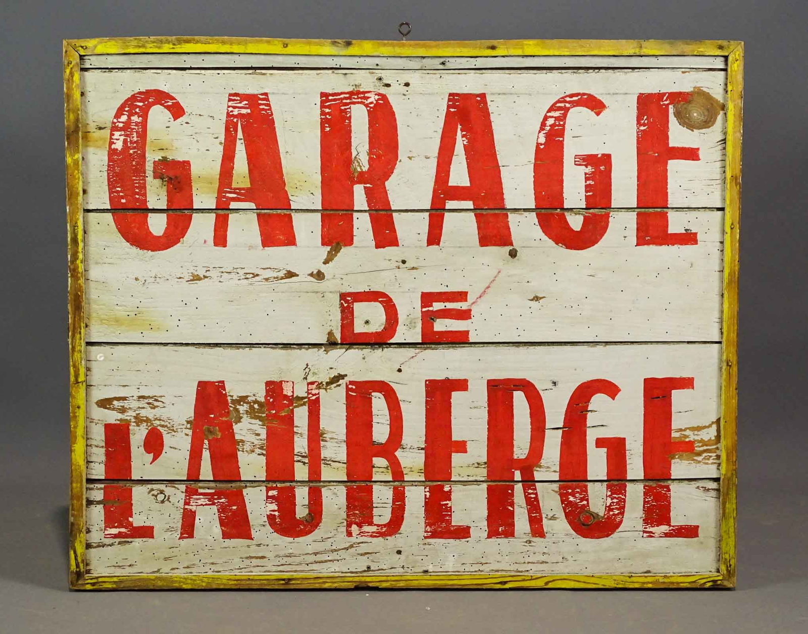 Trade Sign: Early painted wooden trade sign "GARAGE DE L' AUBERGE". 25 1/2" x 31".