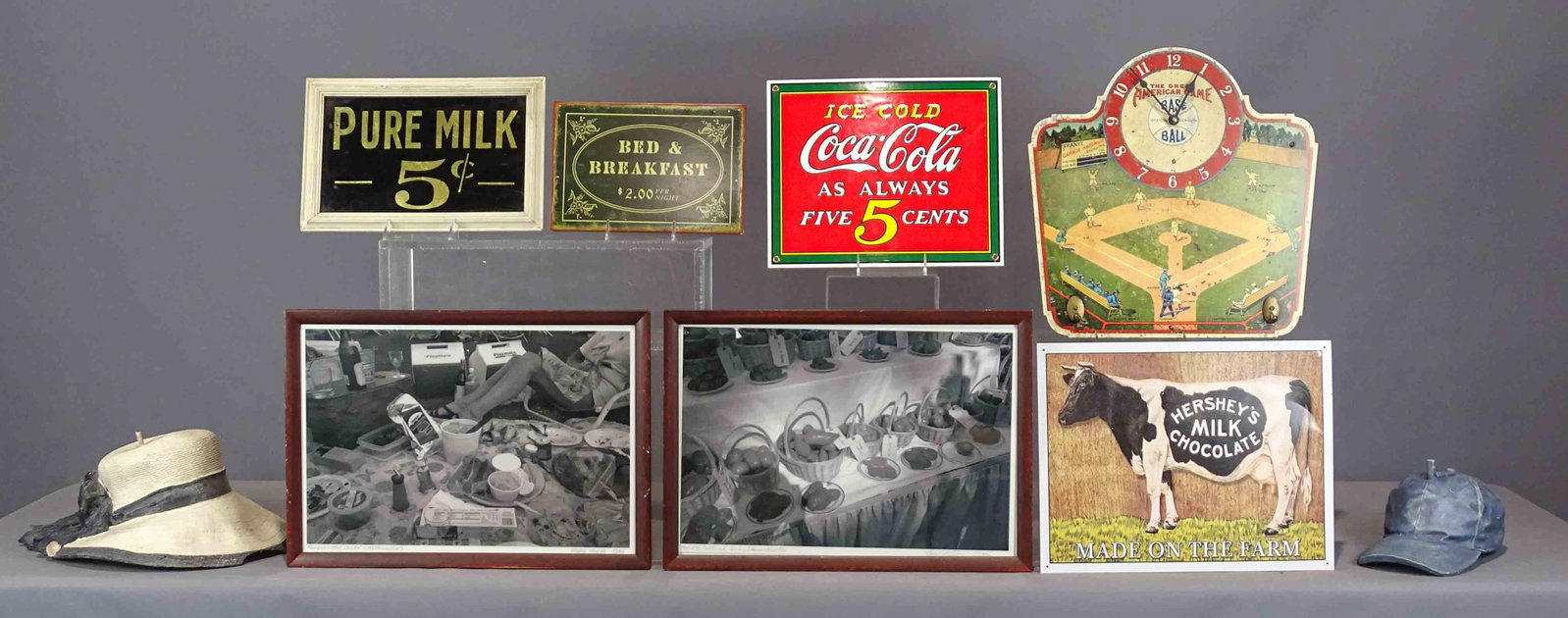 Misc. Lot: Misc. lot including reproduction signs, (2) artist made composition hats (as found), reverse painted milk sign (cracked), (2) photos (Lenox Mass.).