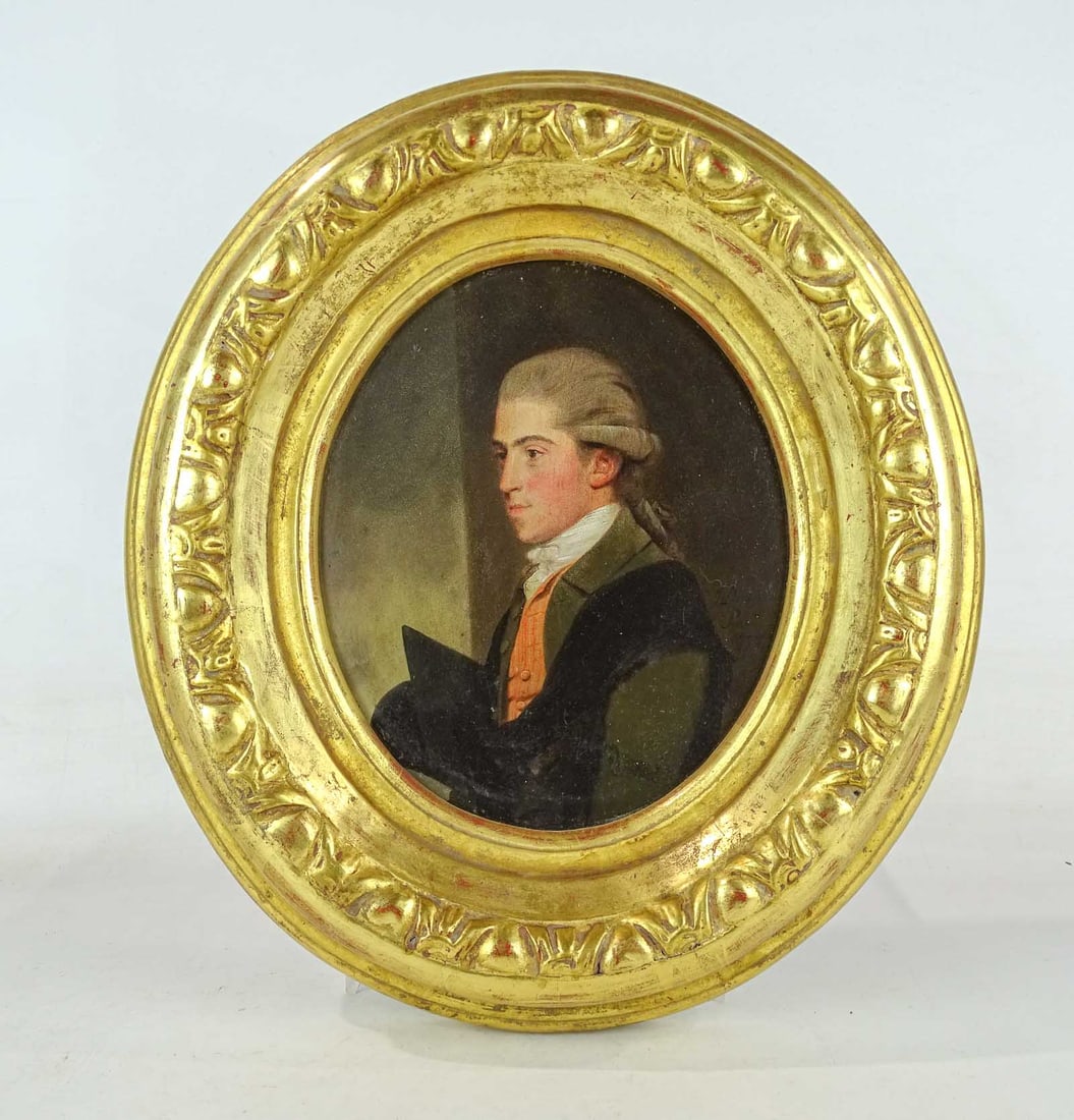 John Downman (1750-1824): Painting: John Downman (1750-1824), "Portrait of a Cambridge Undergraduate", oil on copper. Signed and dated 1778. 9" x 7 1/2", overall 15" x 13". Los Angeles Fine Art Gallery label verso. Provenance: