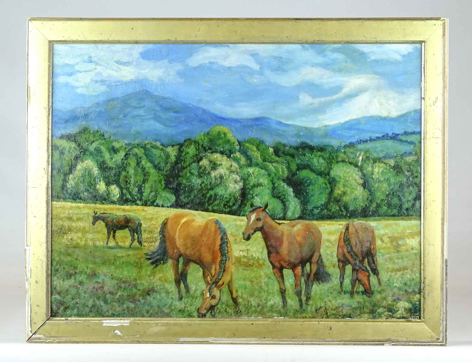 Painting: Horses in Landscape: Painting: Horses in landscape. Oil on panel. Signed LRC. Frame as is. Sight 17" x 23", overall 20 1/2" x 27". Provenance: The Edward Herrmann Estate, Salisbury Connecticut.