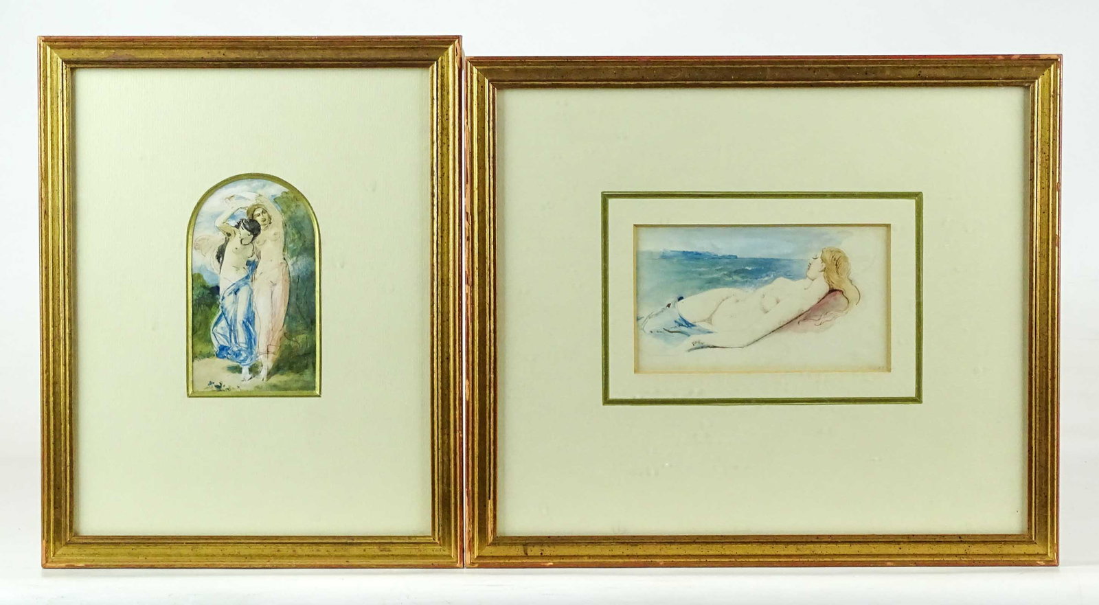 William Edward Frost (United Kingdom 1810-1877): William Edward Frost (United Kingdom 1810-1877), (2) watercolors of nude women. Sight 5" x 3", overall 12" x 10 1/2", the other sight 4 1/2" x 2 1/2", overall 11" x 8 1/2". JS Maas & Co. labels verso.