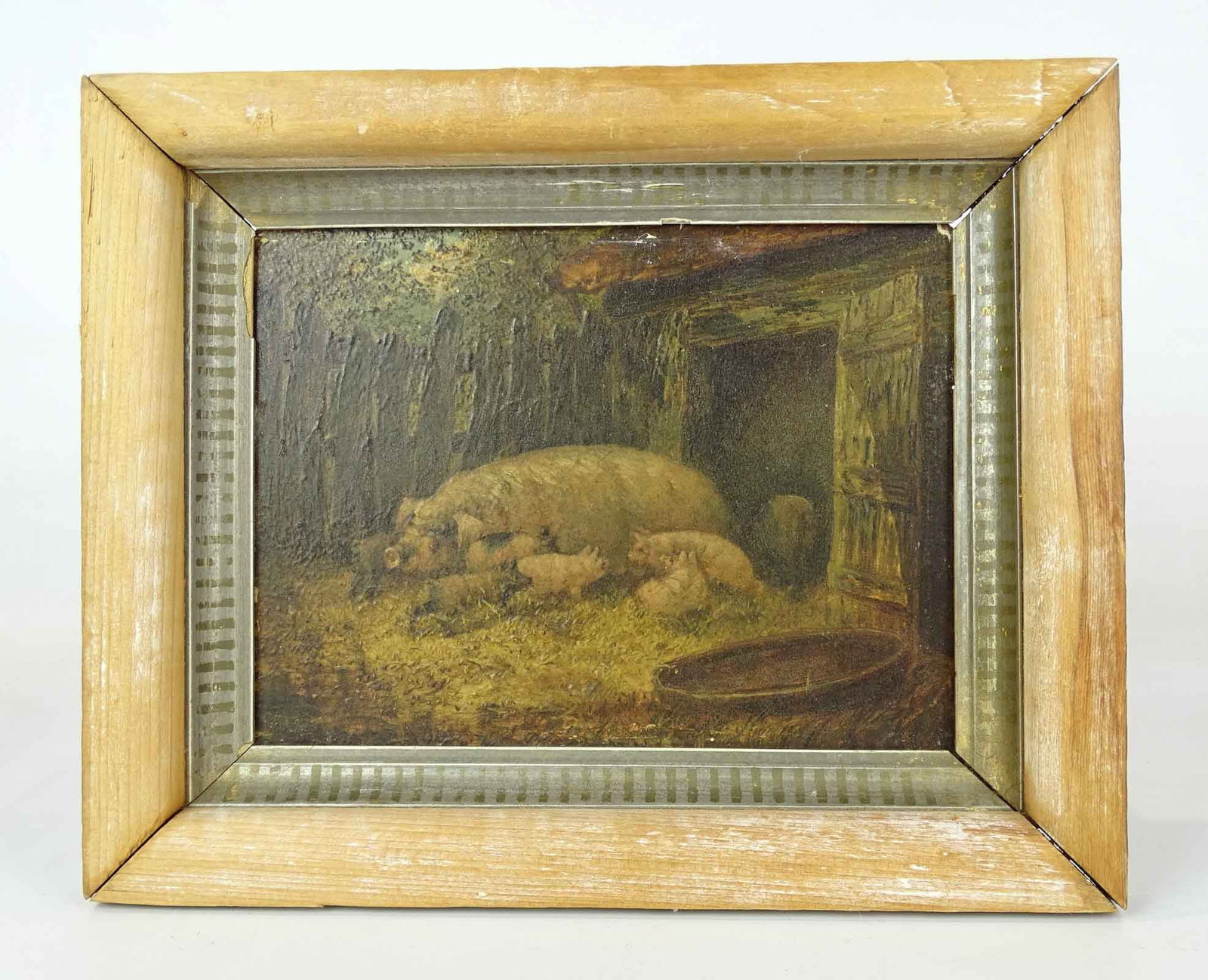 Painting: 19th c. English School, Pigs in a Barn: Painting: 19th c. English School, pigs in barn. Oil on panel. Partial label "66 Pigs Herring". 6" x 8", overall 8 1/2" x 10 1/2". Provenance: The Edward Herrmann Estate, Salisbury Connecticut.
