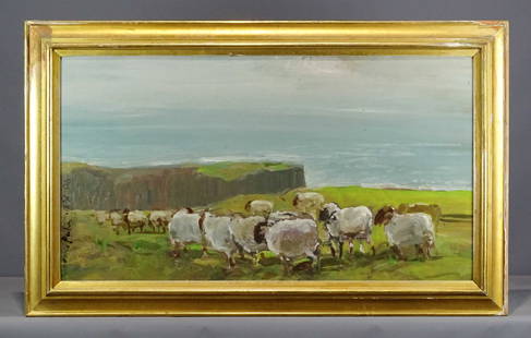 Robert Andrew Parker (b. 1927): Painting: Robert Andrew Parker (b. 1927), landscape with sheep, oil on panel. 22" x 40", overall 28 1/2" x 46 1/2". Provenance: The Edward Herrmann Estate, Salisbury Connecticut.