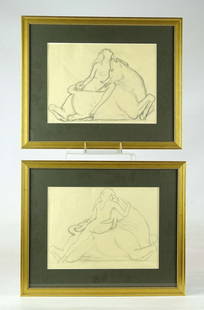 Charles Robinson Sykes (1875-1950): Charles Robinson Sykes (1875-1950), (2) original drawings of women on bulls. Sight 8 1/2" x 11 1/2", overall 14" x 17". Info verso. Provenance: The Edward Herrmann Estate, Salisbury Connecticut.