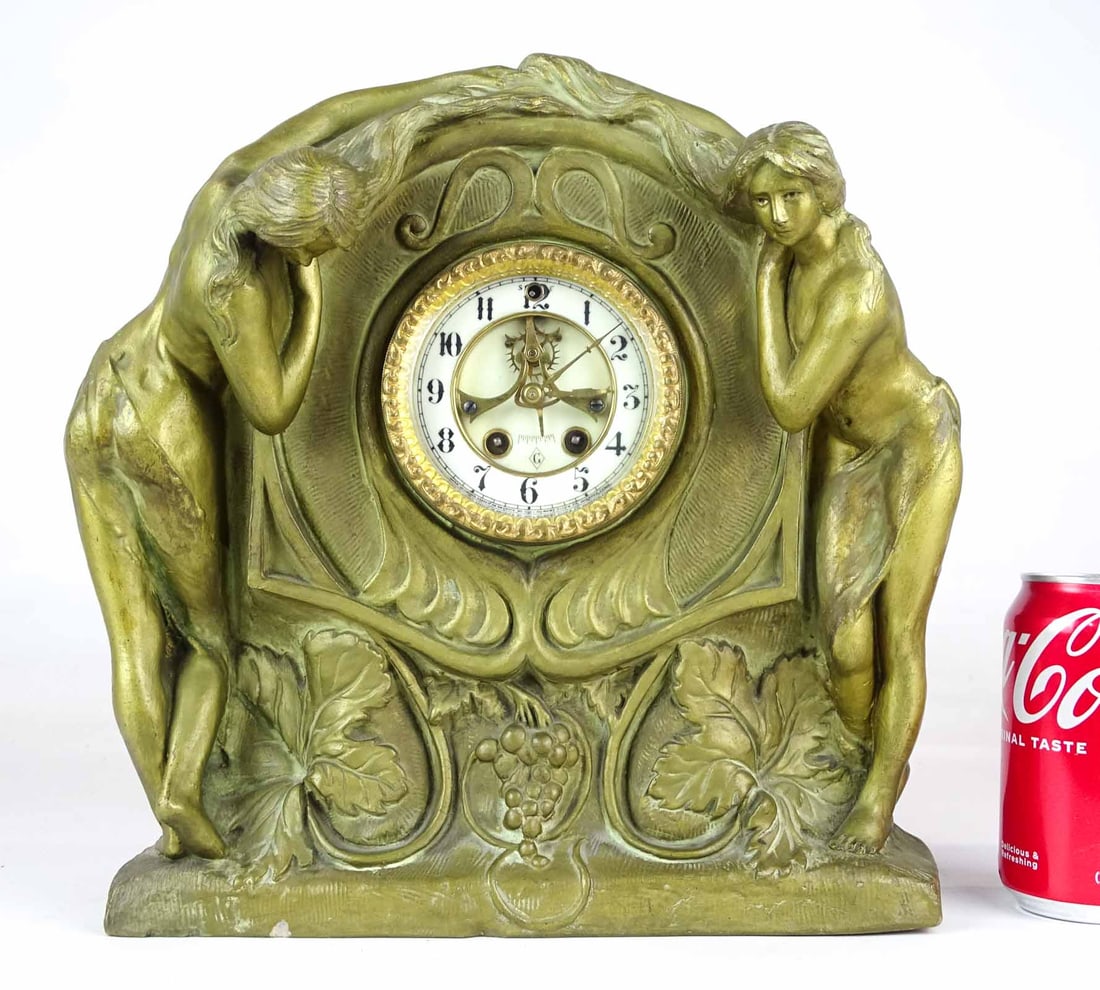 Crown Vienna Art Nouveau Mantel Clock: Crown Vienna Art Nouveau mantel clock. Marked and dated 1903. Gilbert porcelain face. 12" x 5 1/2" x 12 1/2".