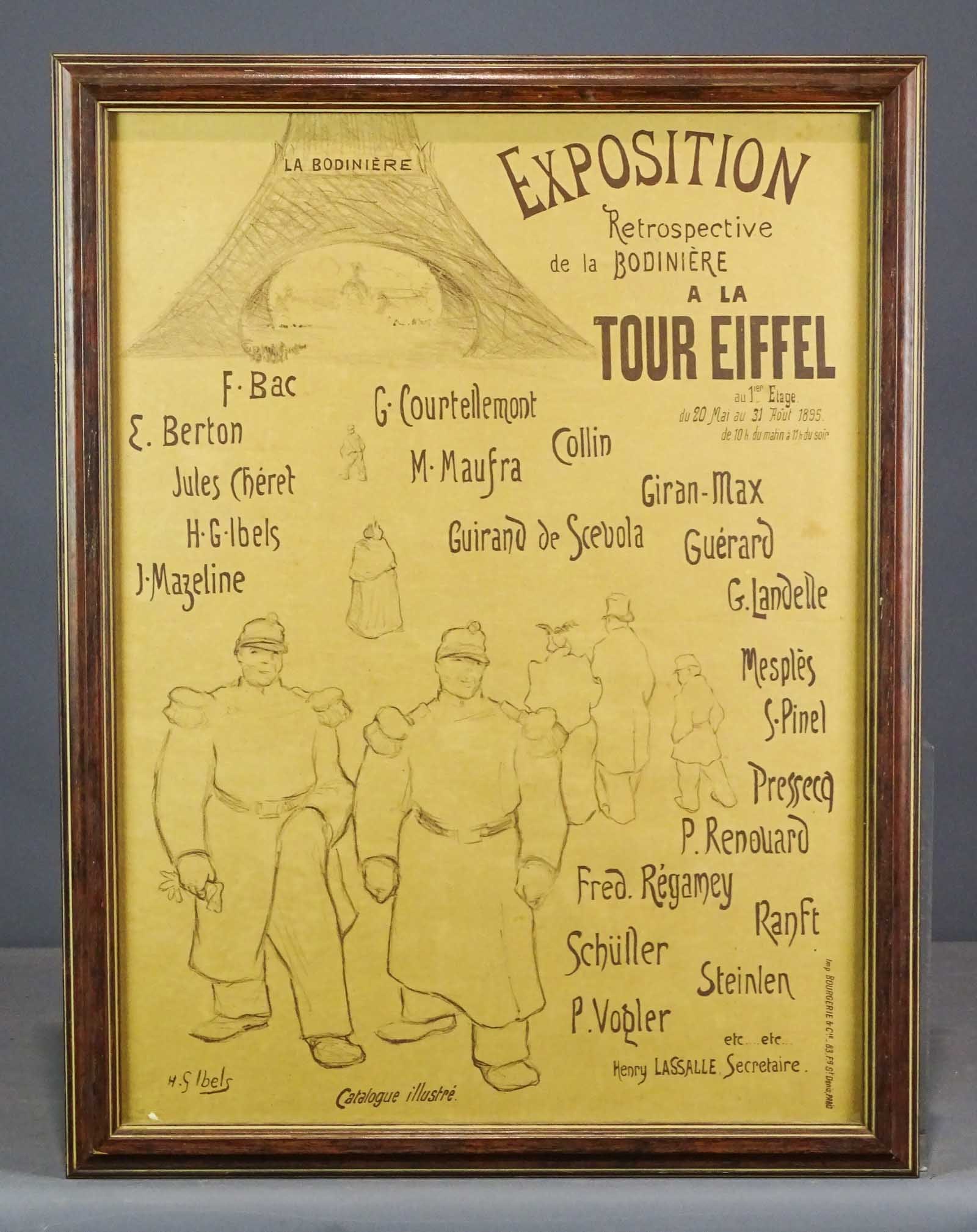 Poster: "EXPOSITION…TOUR EIFFEL": Poster: "EXPOSITION Retrospective de la BODINIERE A LA TOUR EIFFEL". Sight 25" x 18 1/2", overall 28" x 22".