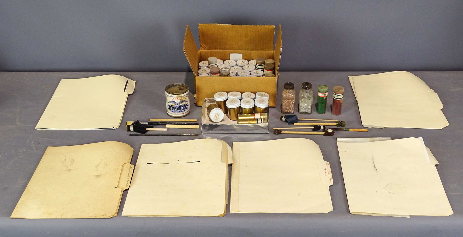 Bronze Powders and Stenciling Equipment: Lot of bronze powders and stenciling equipment.