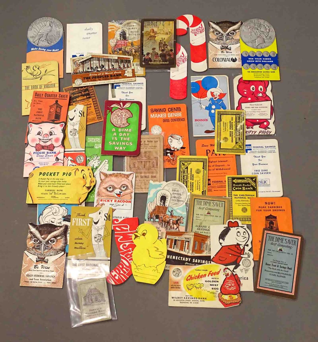 Coin Savings Folders: Collection (42) paper advertising coin savings folders.