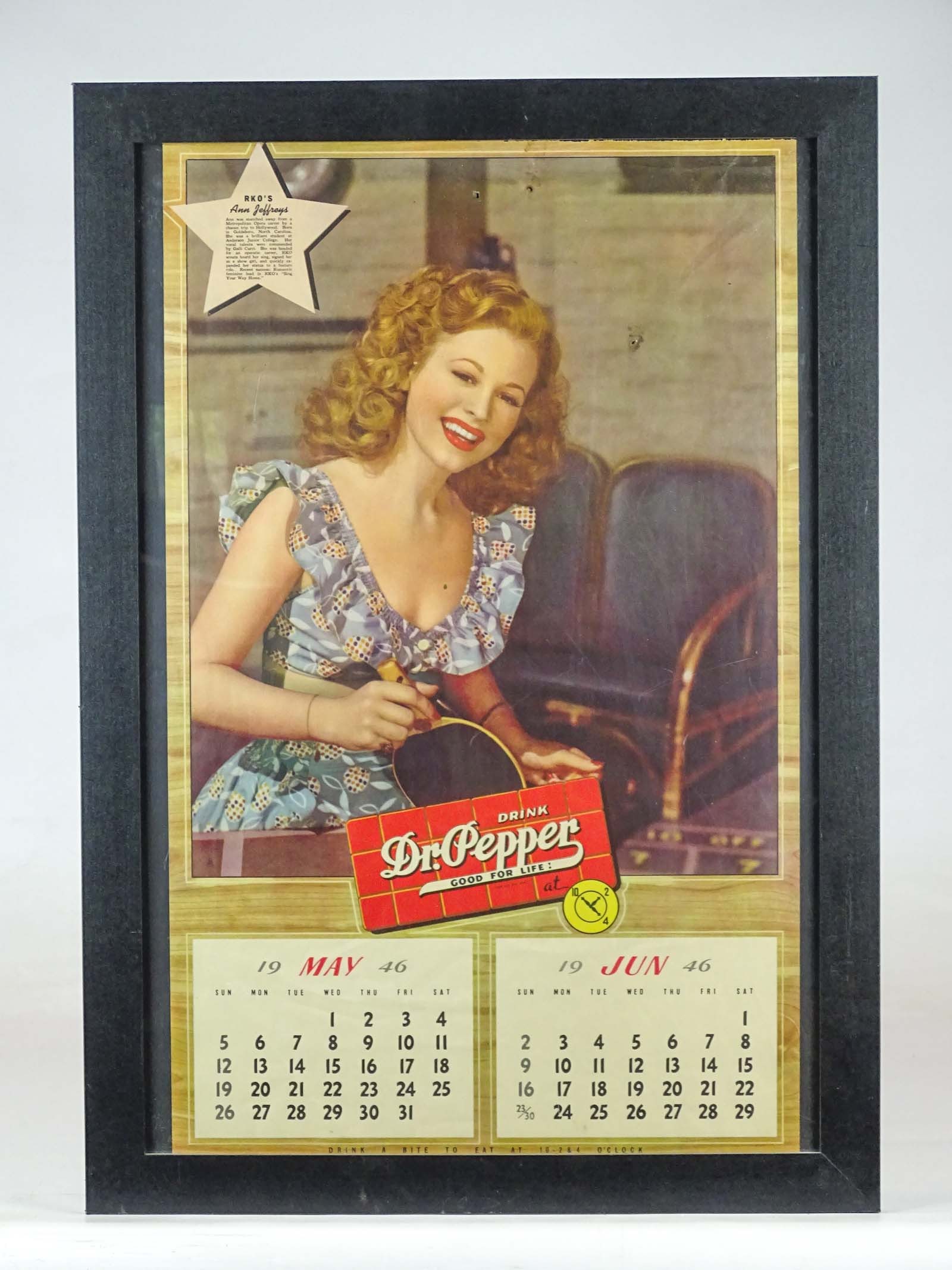 1946 Dr. Pepper Calendar: 1946 Dr. Pepper calendar. Framed, 24 1/4" xz 17 1/4".
