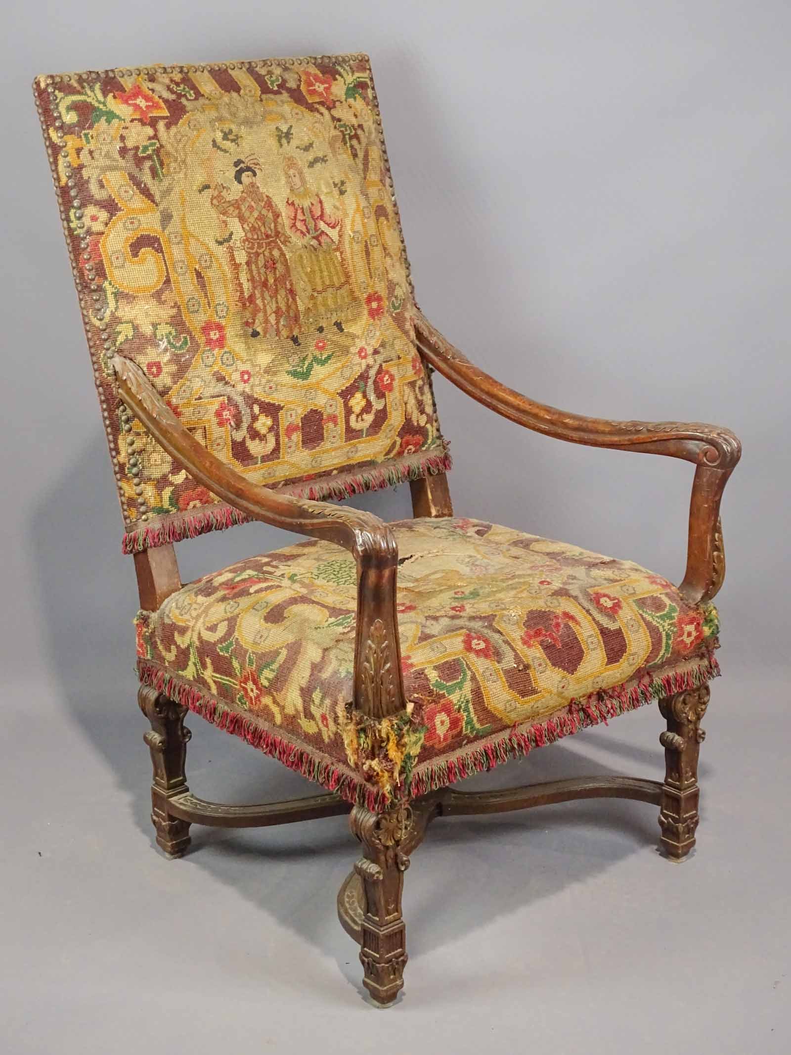 Baraoque Style Armchair: Early Baroque style armchair with tapestry upholstery. 17" seat Ht., 27" W., 43" Ht.. Provenance: The Edward Herrmann Estate, Salisbury Connecticut.