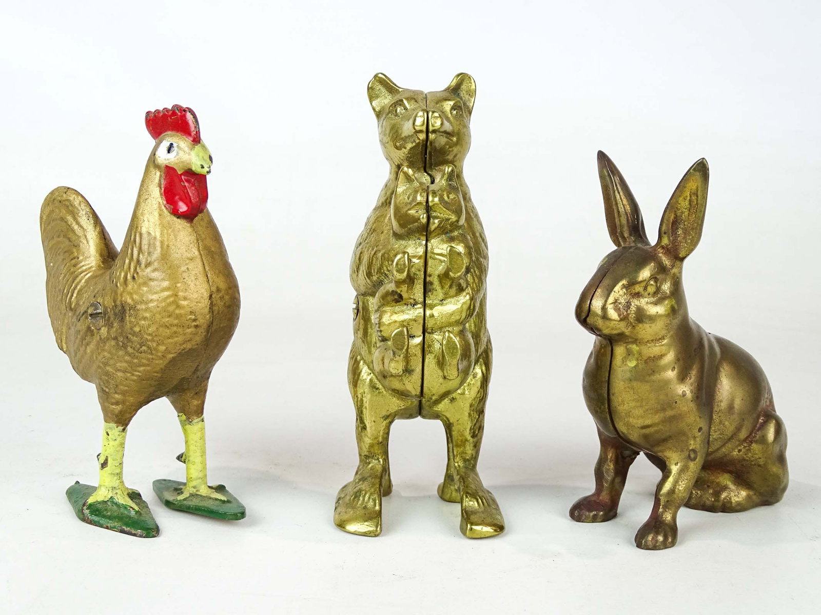 Bank Lot: Lot (3) cast metal banks including Rooster, Rabbit, Bear with Cub. Tallest 6" Ht..