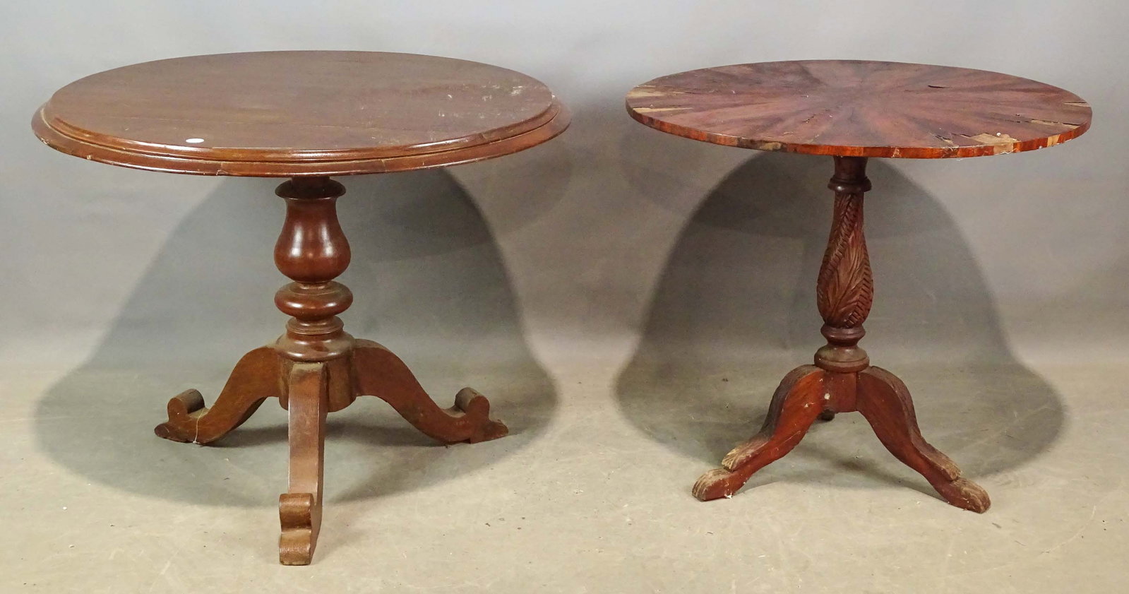 Mahogany Tables: Lot (2) mahogany tables. 34" D., 28" Ht., and 31" D., 27" Ht..