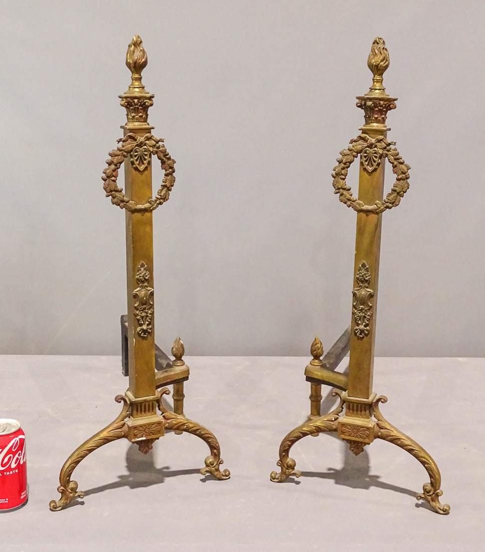 Pair of Andirons: Pair of tall brass andirons. 28" Ht., 21" D..