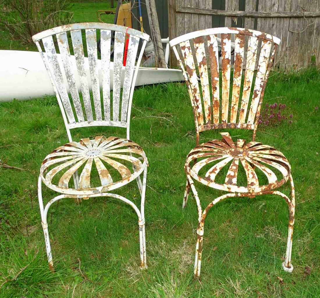 Chair Lot: Pair of Iron and sheet metal chairs with imperfections.