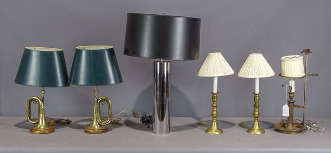 Lighting Lot: Lot (6) lamps including pair of brass bugles, pair of brass candlesticks, cylindrical, eagle finial. Tallest 27" Ht..