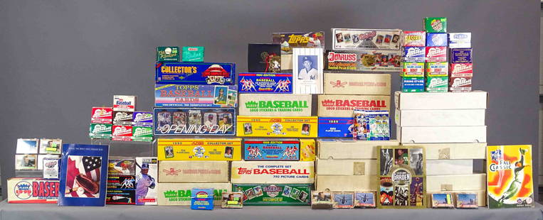 Baseball Card Lot: Large Baseball lot including boxed sets of cards including 1991 Upper Deck, Tops Traded Series (1980's and 90's), 1990 Leaf set, 1990 Topps, 1990 Upper Deck, 1990 Fleer, 1989 Upper Deck, 1991 Donruss,