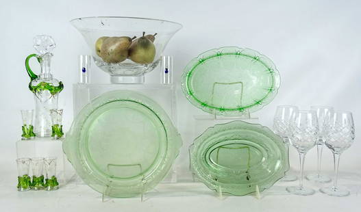 Misc. Glass Lot: Misc. glass lot including: (4) tall stem wines, (3) green depression glass plates and bowls, blown glass decanter and (5) demi glasses, bowl with paper fruit.