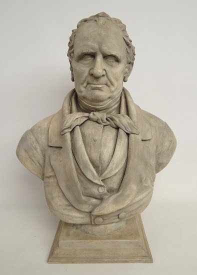 Plaster Bust James Fennimore Cooper: 19th c. plaster bust sculpture of James Fenimore Cooper. 30" Ht. Attr. to Thomas Coffee, Sr. (1800-1900).