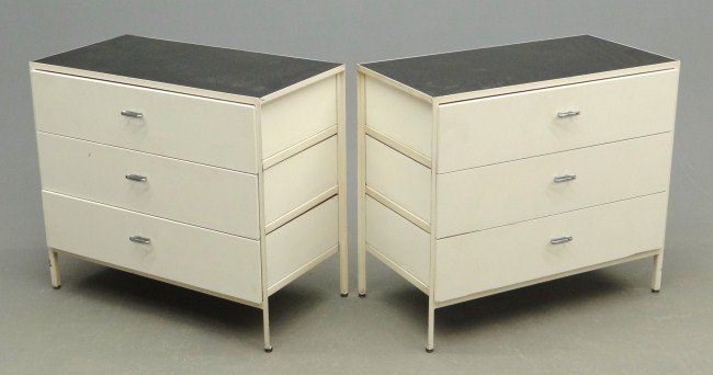 Pair Herman Miller Cabinets: Pair labeled Herman Miller (George Nelson Designed) three drawer cabinets. 33 1/2' W 17" D 30" Ht.