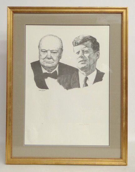 Sarah Churchill Print: Signed and numbered Sarah Churchill print of Winston Churchill and Kennedy. Also signed "Curtis Hooper" (#82/400). Sight 29" x 20 1/4".