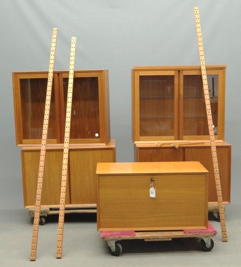 George Nelson Style Wall Units: Lot of George Nelson style wall units including two matching two part cabinets along with dropfront cabinet.