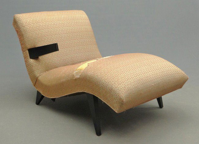 Mid Century Chaise Lounge: C. 1950's Mid Century chaise lounge with "W & J. Sloane" (N.Y.C.) label. 53" Length, some damage to upholstery.