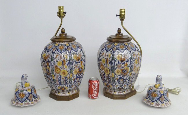 Pair Faience Lamps: Pair French pottery faience lamps. Includes original lids and wooden lids.