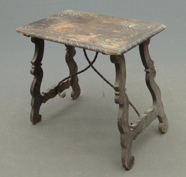 Continental Table: Continental table with iron support and carved top. 27" W 18" D 25 1/2" Ht.
