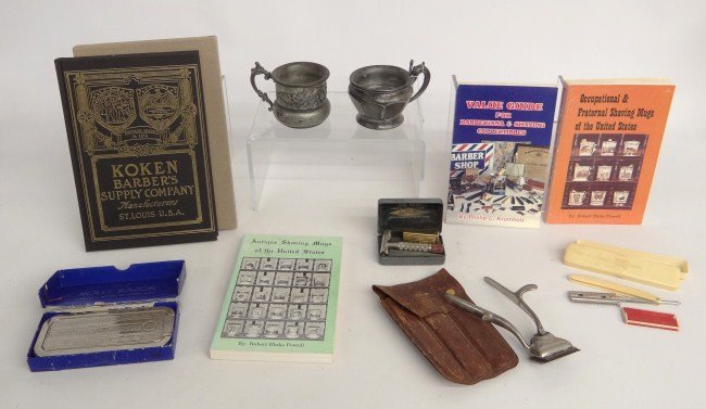 Shaving Lot: Lot including two silverplate mugs, various razors and books on shaving mugs.
