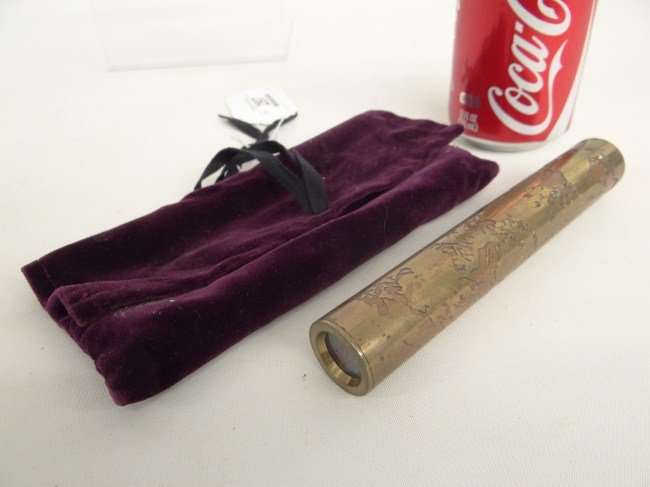 Stephen Auger Kaleidoscope: Brass Kaleidoscope in original case with label "Stephen Auger...Florence Mass", 6 1/4" Length.