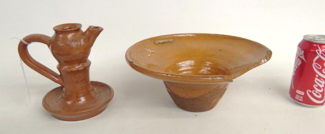 Redware Lot: Redware lot including shaving bowl and oil lamp.