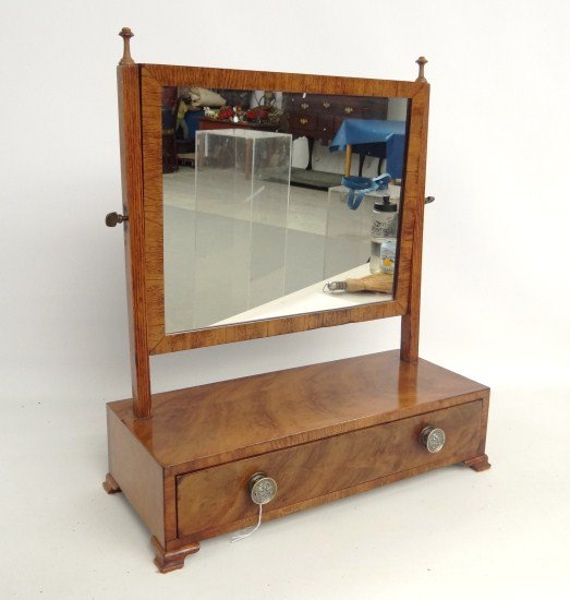 Shaving Mirror: 19th c. shaving mirror, base signed in chalk "Wallace Williams Glen Farms Newark, Delaware. 19" W 8" D 23" Ht.